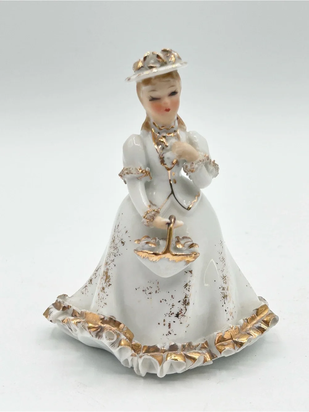 Vintage Lefton Miniature Women Figurine White Gold Signed 4